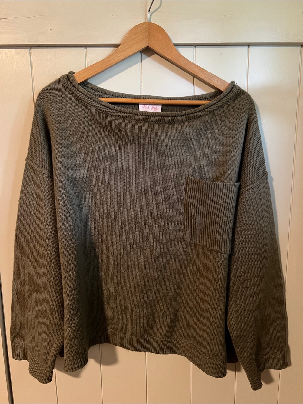 Pink Lily Olive Crewneck Sweater with Chest Pocket